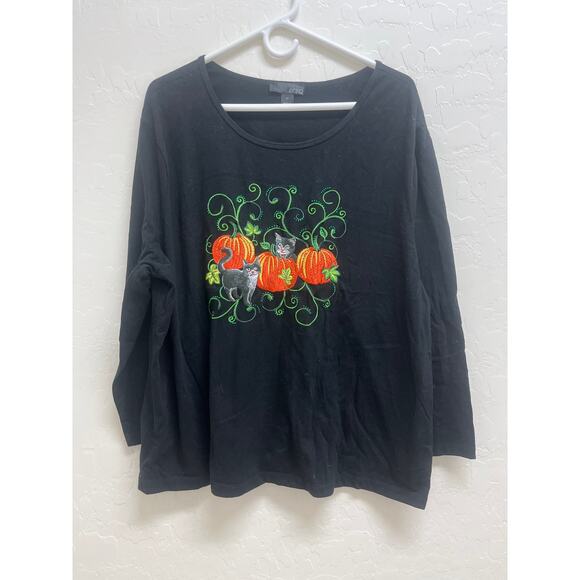 Embroidered Halloween Black Cat Kittens Pumpkin Patch Knit Top 3X Plus Erika - Picture 1 of 4